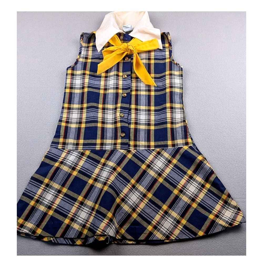 Vintage Penn-Prest Penneys Carol Evans Plaid Dress Blue Yellow Bow Girls Size 10